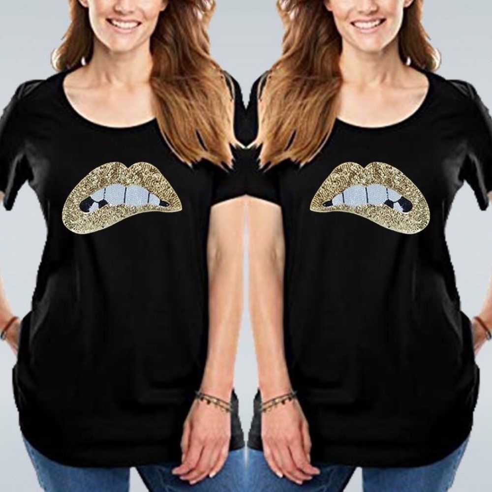 Plus Size Sequined Sparkly Lip Print Black Tee - Picture 2 of 2